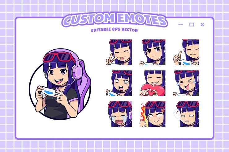 Vetor logotipo de emo egirl stremer com ícones e expressões de adesivo