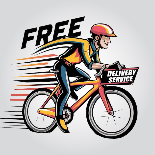 Vetor logotipo de entrega rápida e gratuita com homem de bicicleta ou correio
