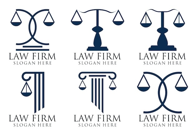 Vetor logotipo de escritório de advocacia elegante e simples colecção de logotipo de justiça set de fundo azul e branco