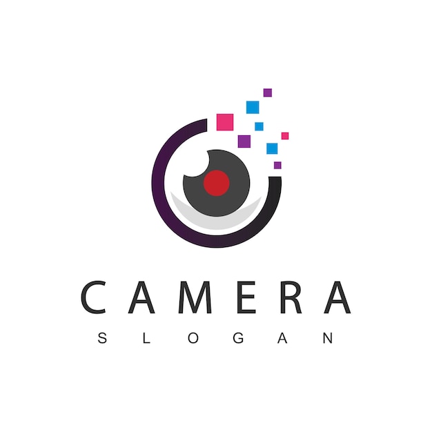 Logotipo de fotografia usando lente e ícone de pixel