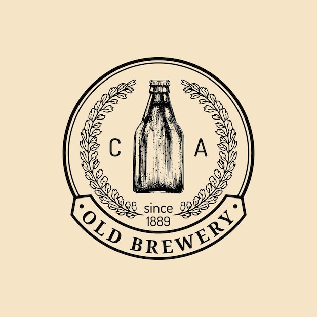 Logotipo de garrafa de cerveja kraft sinal retrô lager ilustração de cerveja esboçada à mão rótulo ou crachá de fabricação de cerveja em vetor vintage