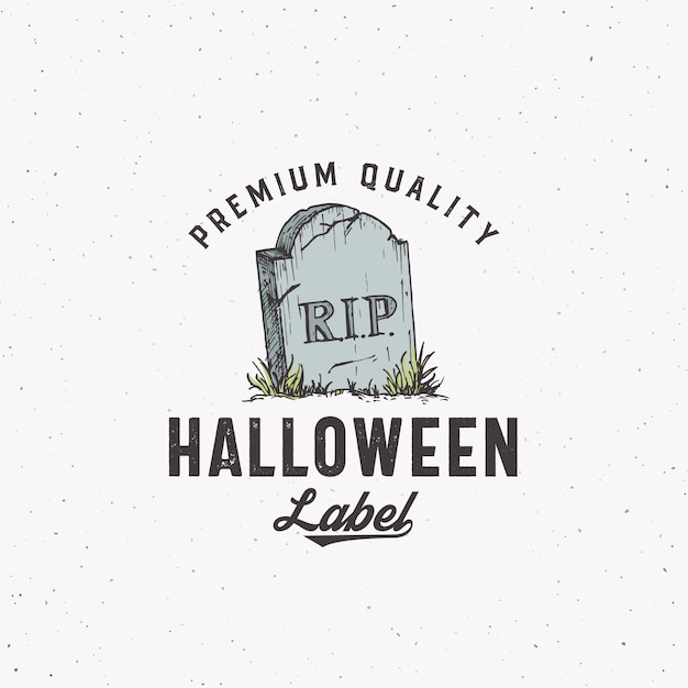 Vetor logotipo de halloween de estilo vintage premium ou modelo de etiqueta. símbolo de esboço de pedra tumba desenhada de mão e tipografia retro. fundo de textura gasto.