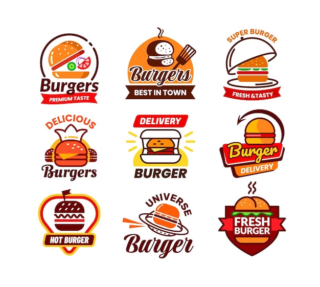 Logotipo de hambúrguer vintage Burger ou cheeseburger de grelha retrô Barbeque com carne de vaca Emblemas de fast food brilhantes Set de café ou restaurante Logotipo de menu de chef Coleção de bandeiras vetoriais