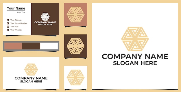 Logotipo de hexágono de flor de arte em linha e design de cartão de visita premium vector