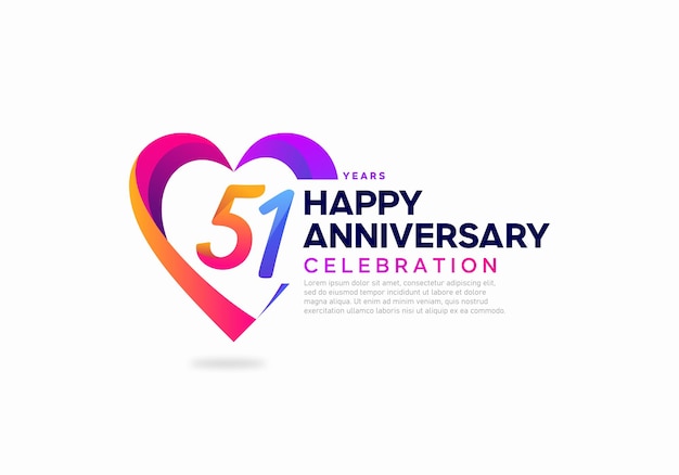 Logotipo de ícone de comemoração de aniversário de 51 anos colorido com forma de amor