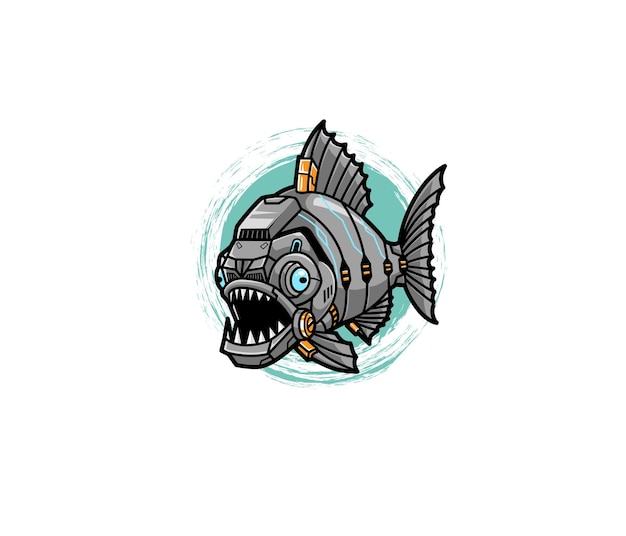 Logotipo de ilustração de robô de peixe piranha