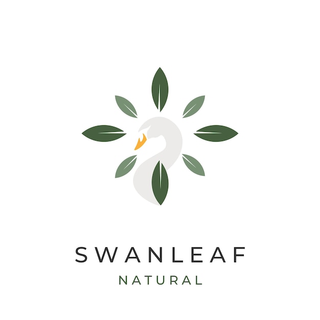 Logotipo de ilustração vetorial de cisne natural com folhas