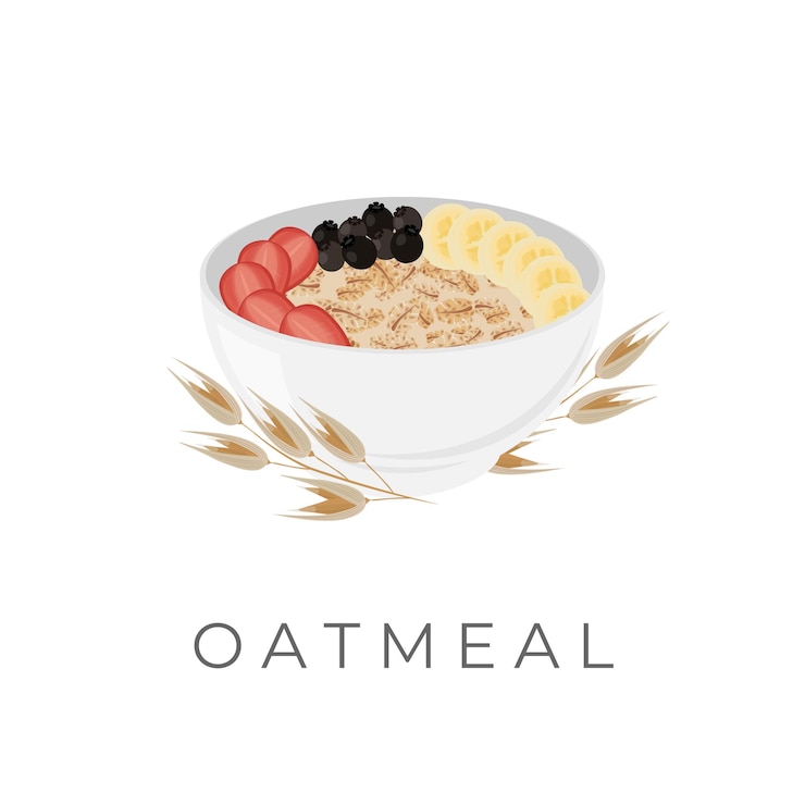 Vetor logotipo de ilustração vetorial de mingau de aveia em uma tigela branca com adições de frutas frescas