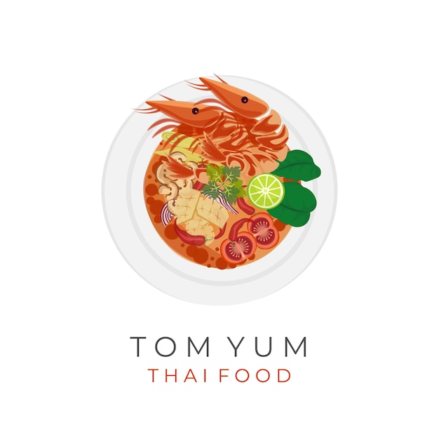 Logotipo de ilustração vetorial de sopa tom yum com recheio de frutos do mar