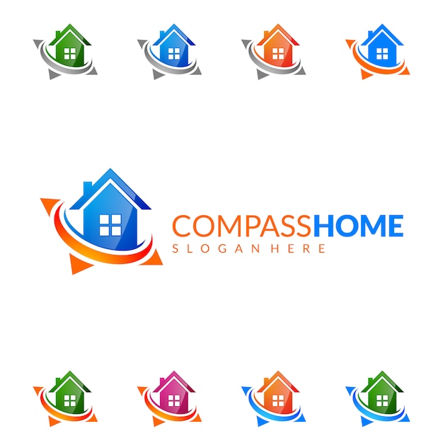 Logotipo de imóveis com casa e compasso casa conceito