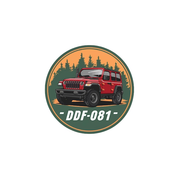 Vetor logotipo de jeep wrangler vermelho de estilo retro no meio de uma floresta