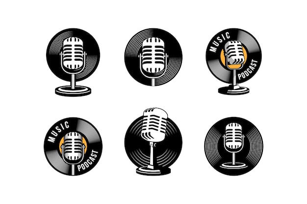 Vetor logotipo de karaokê vocal de podcast ou cantor com microfone retrô e ícone de vinil.