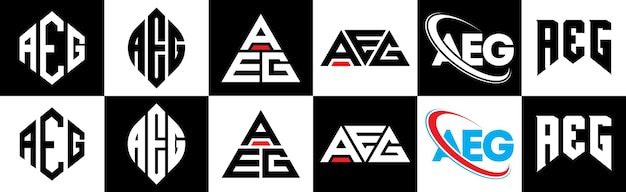 Vetor logotipo de letra aeg em seis estilos aeg polígono círculo triângulo hexágono plano e estilo simples com variação de cor preta e branca logotipo de letra definido em uma placa de arte aeg logotipo minimalista e clássico