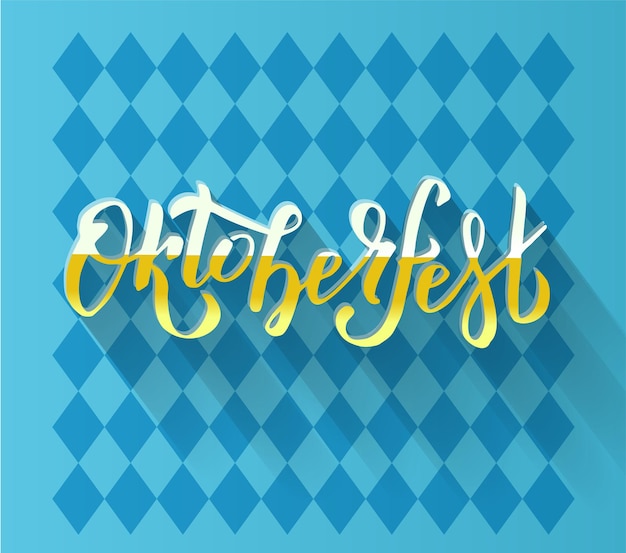 Logotipo de letras manuscritas oktoberfest no padrão bávaro azul beer festival banner vetorial tipografia de letras brancas amarelas para cartão de cartaz a palavra está cheia de cerveja espumosa moldada sombra longa