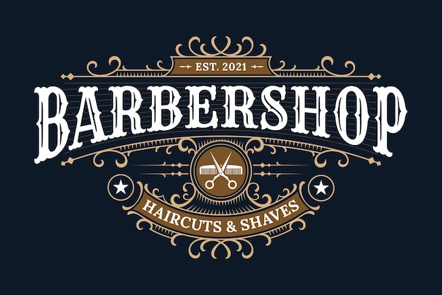 Logotipo de letras vintage de barbearia com moldura decorativa decorativa