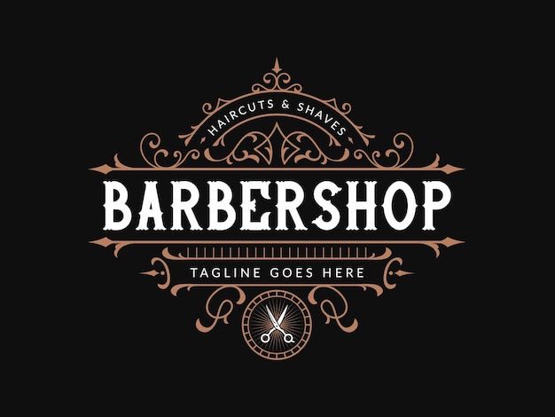 Logotipo de letras vintage de barbearia com moldura ornamental