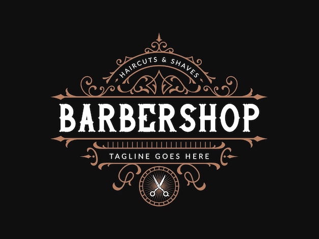 Vetor logotipo de letras vintage de barbearia com moldura ornamental