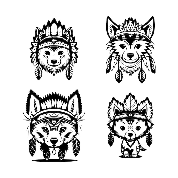 Logotipo de lobo kawaii fofo usando conjunto de coleção de acessórios de chefe indiano ilustração desenhada à mão