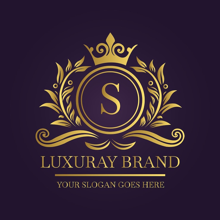 Logotipo de luxo de ouro com motivos florais ornamentados e coroa