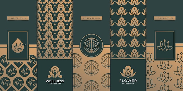 Logotipo de luxo e design de embalagem de ouro. natureza, bem-estar, flor, padrão. vetor premium