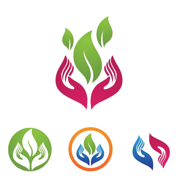 Logotipo de mão e folha e vetor de natureza de símbolo