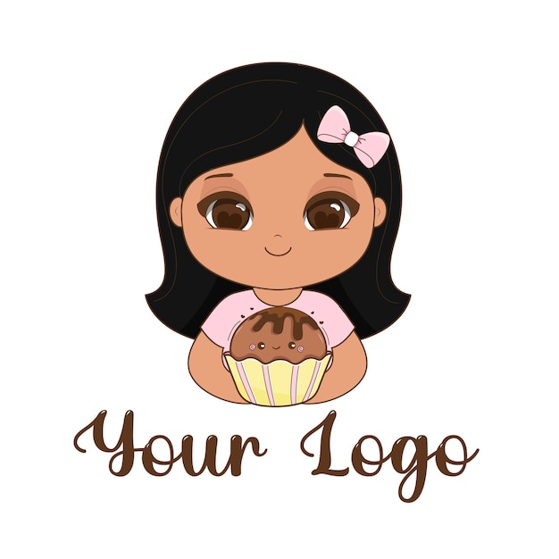 Logotipo de mascote de menina bonita com cupcake ilustração vetorial