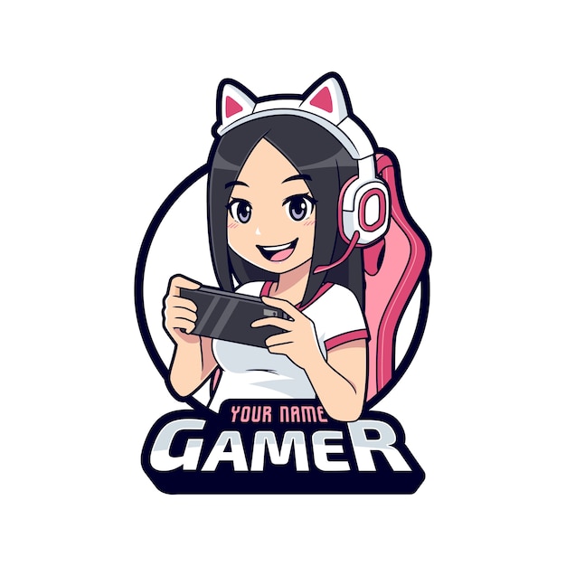 Logotipo de mascote de personagem de jogador fofo, modelo de logotipo esport de desenho animado gamer girl