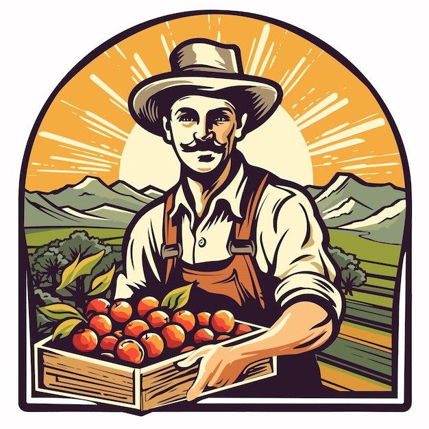 Vetor logotipo de mascote de vetor de cor plana agricultor velho carregando uma caixa de frutas frescas na fazenda