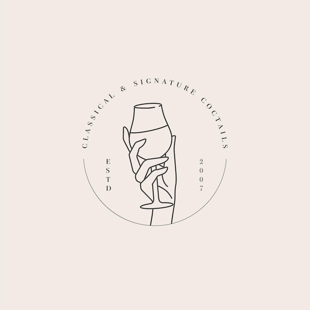 Logotipo de modelo linear de design vetorial ou mão de emblema com copo de bebida Símbolo abstrato para café ou bar