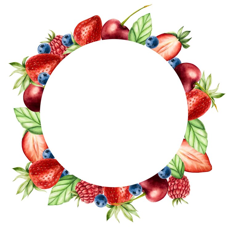 Vetor logotipo de moldura com morango framboesa cereja e mirtilo pintura à mão aquarela doce ilustrações