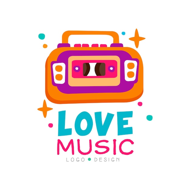 Logotipo de música criativa com gravador de cores vivas. Emblema de vetor original. Design gráfico para estúdio de gravação, boate ou escola de dança. Ilustração desenhada à mão isolada no fundo branco.