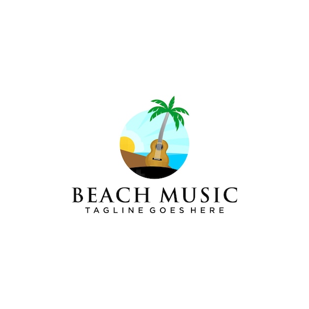 Logotipo de música na praia com vista para a praia e ukulele em design