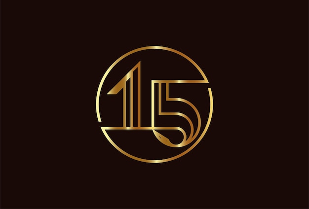 Logotipo de ouro abstrato número 15, estilo de linha de monograma número 15 dentro do círculo