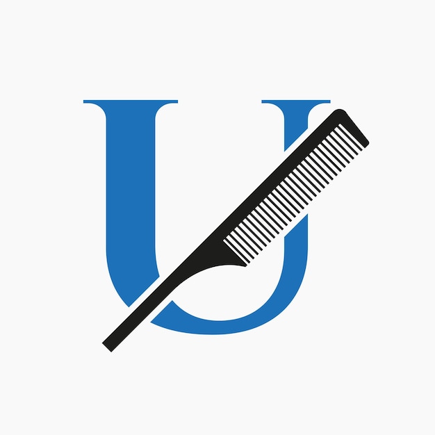 Logotipo de penteado na letra u para o símbolo de beleza, spa, cuidados com o cabelo, corte de cabelo e cuidados com o cabelo
