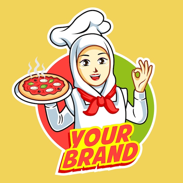 Logotipo de pizza com chef de mulher bonita com frango grelhado na mão dela.
