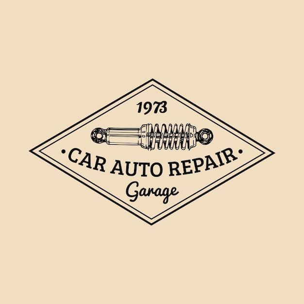 Vetor logotipo de reparação de automóveis com ilustração de amortecedores vector vintage mão desenhada garagem auto serviço cartão de cartaz de publicidade etc