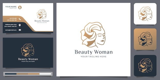 Logotipo de rosto de mulher de beleza natural com estilo de cabelo de beleza dourado e design de modelo de cartão de visita