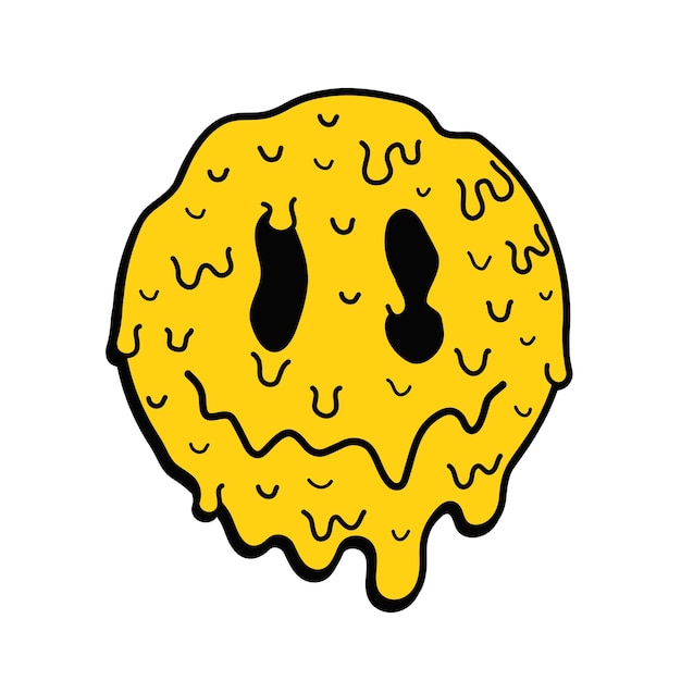 Logotipo de rosto de sorriso de derretimento surreal psicodélico engraçadologotipo de ilustração de personagem de desenho animado de vetorsorriso rosto groovy amarelo meltacidtechnotrippy print para camisetaconceito de cartão-postal