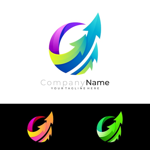 Logotipo de seta com design de círculo 3d colorido, ícones para cima