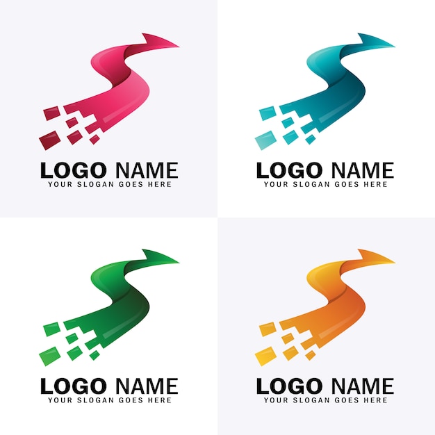 Logotipo de seta letra s com quatro opções de cores diferentes