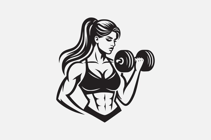 Vetor logotipo de silhueta vetorial de garota de fitness com garota levantando uma garota muscular de halteres