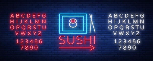 Logotipo de sinal de néon vetorial sushi bar rua asiática de fastfood em um bar ou loja de sushi onigiri