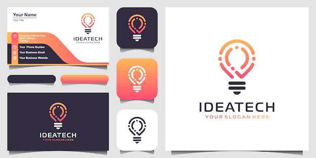 Logotipo de tecnologia de lâmpada criativa e design de cartão de visita. lâmpada criativa de ideia com conceito de tecnologia. ideia de tecnologia de logotipo digital bulb