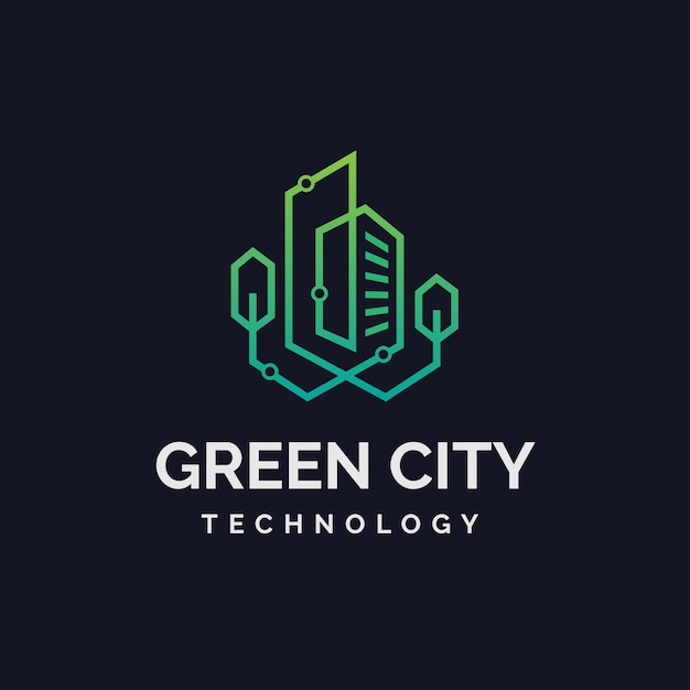 Logotipo de tecnologia moderna cidade verde com linhas de rede de dados