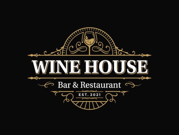 Logotipo de tipografia vintage ornamentado de bar e restaurante com moldura decorativa floreira
