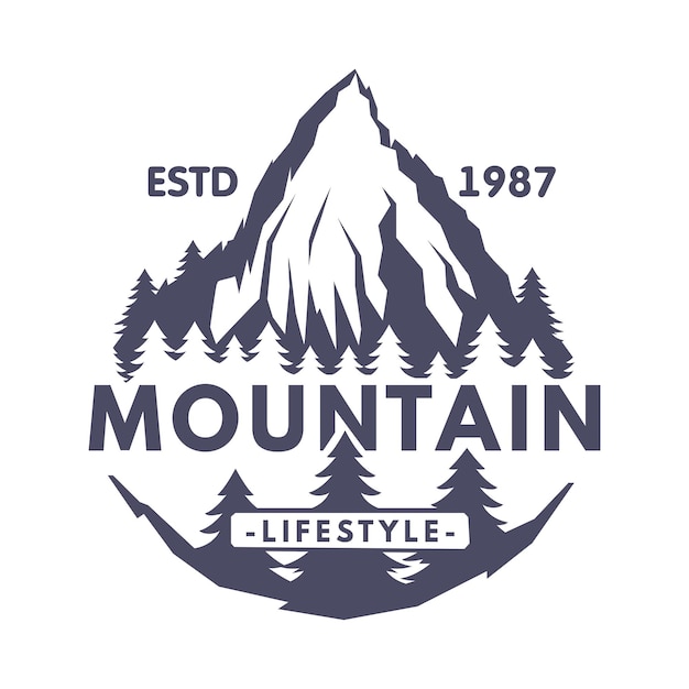 Logotipo de turismo de aventura e caminhadas ao ar livre com modelo vetorial de silhueta da Floresta Negra e da Montanha