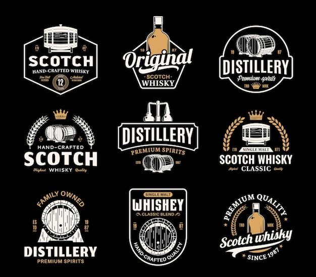 Logotipo de uísque escocês vintage branco e dourado