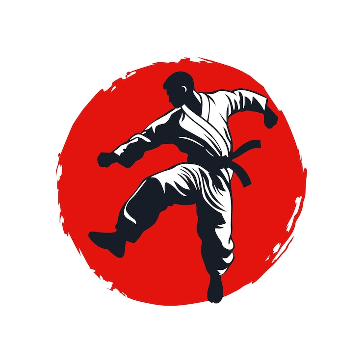 Vetor logotipo de um atleta de taekwondo demonstrando um chute lateral voador design dinâmico e poderoso