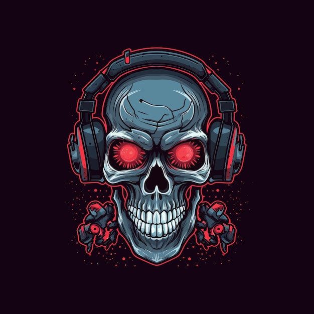 Logotipo de uma caveira com raiva usando fones de ouvido projetados no estilo de ilustração de esports