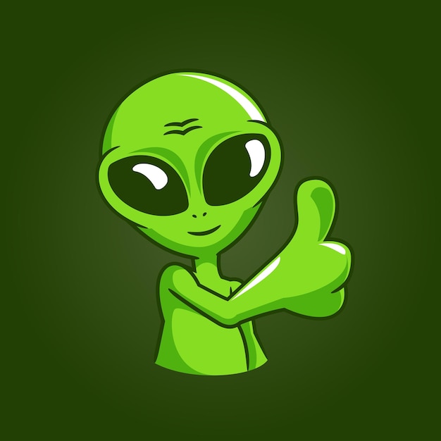 Logotipo de vetor de desenho animado alienígena verde polegar para cima